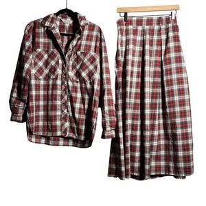 VTG Red Plaid Maxi Skirt Set Holiday Country Core Cotton Long Sleeve Buttons 10